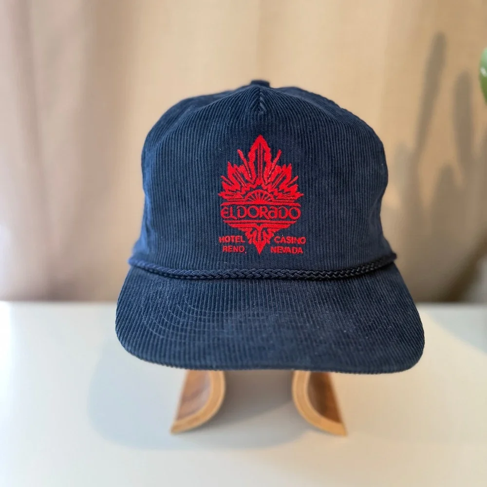 Vintage Otto Cap Eldorado Hotel Casino Reno Corduroy Snapback Hat Navy Blue Rope